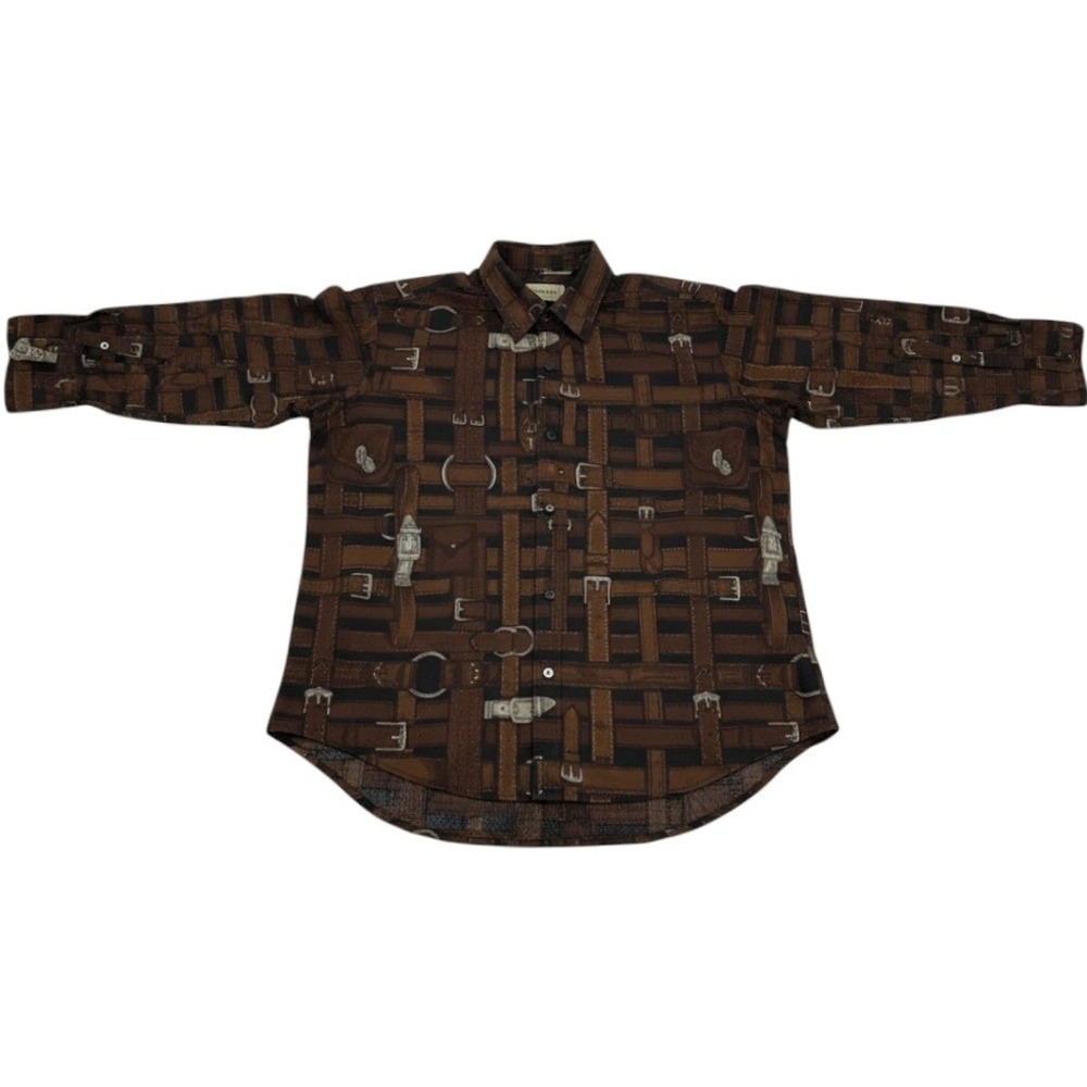 Lauren Ralph Lauren Button Down Women L Brown Excellent Equestrian Belt Print